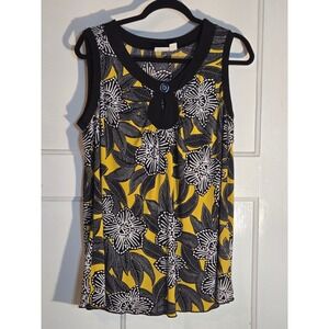 Cato Woman Yellow Black Floral Sleeveless Keyhole Blouse Top Size 14/16W